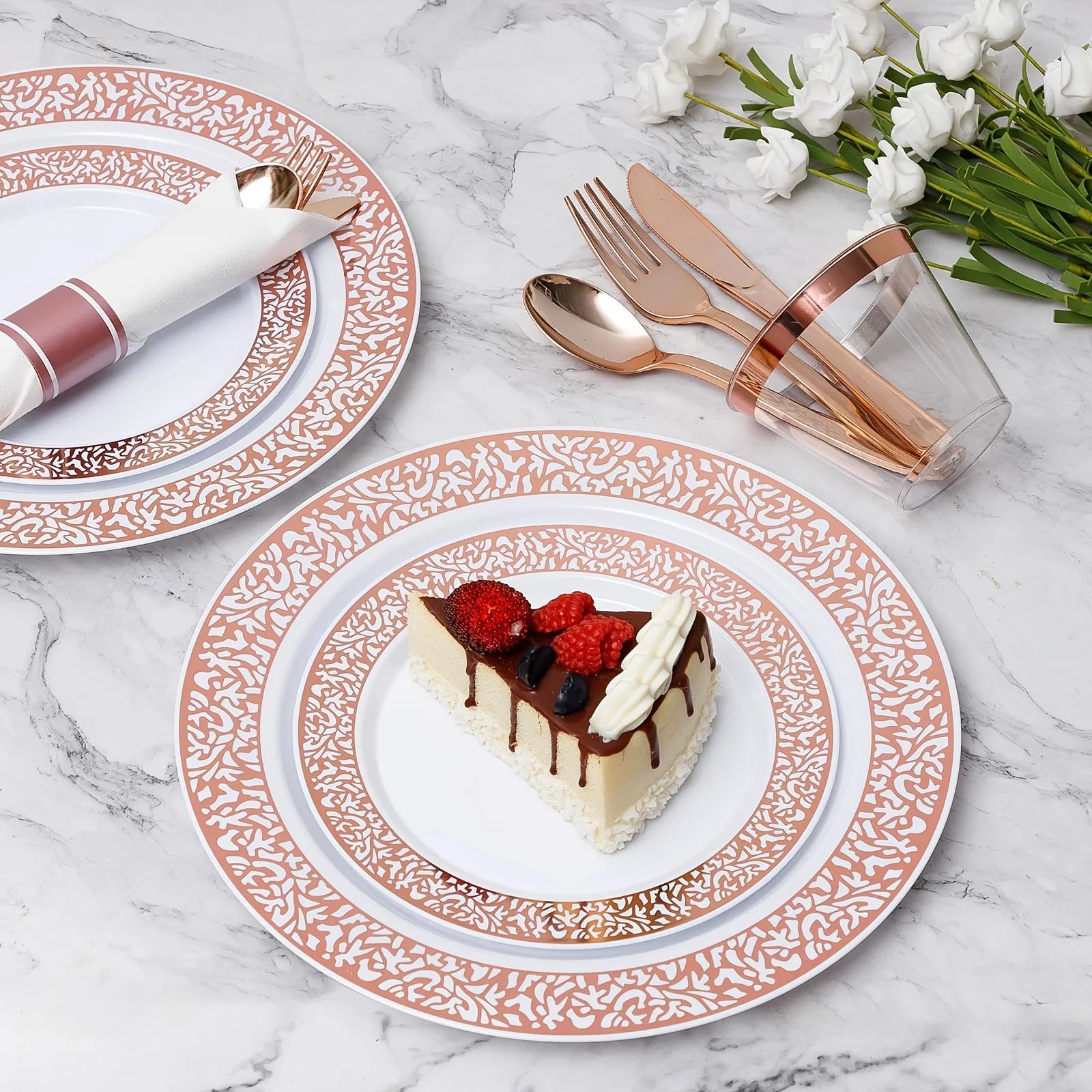 350pcs Rose Golden Plastic Dinnerware Set for 50 Guests, DISPOSABLE Lace Plates for Party, Include: 50 Rose Golden Party Plates, 50 Dessert Plates, 50 Pre Napkins with Silverware, 50 Cups