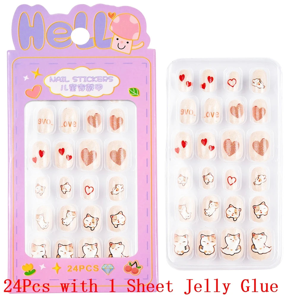 Children Press on Nails,24 Pcs Fake Nails Tips for Kids Acrylic Nails Pre-glue Full Cover Short False Nails Cute Fingernails