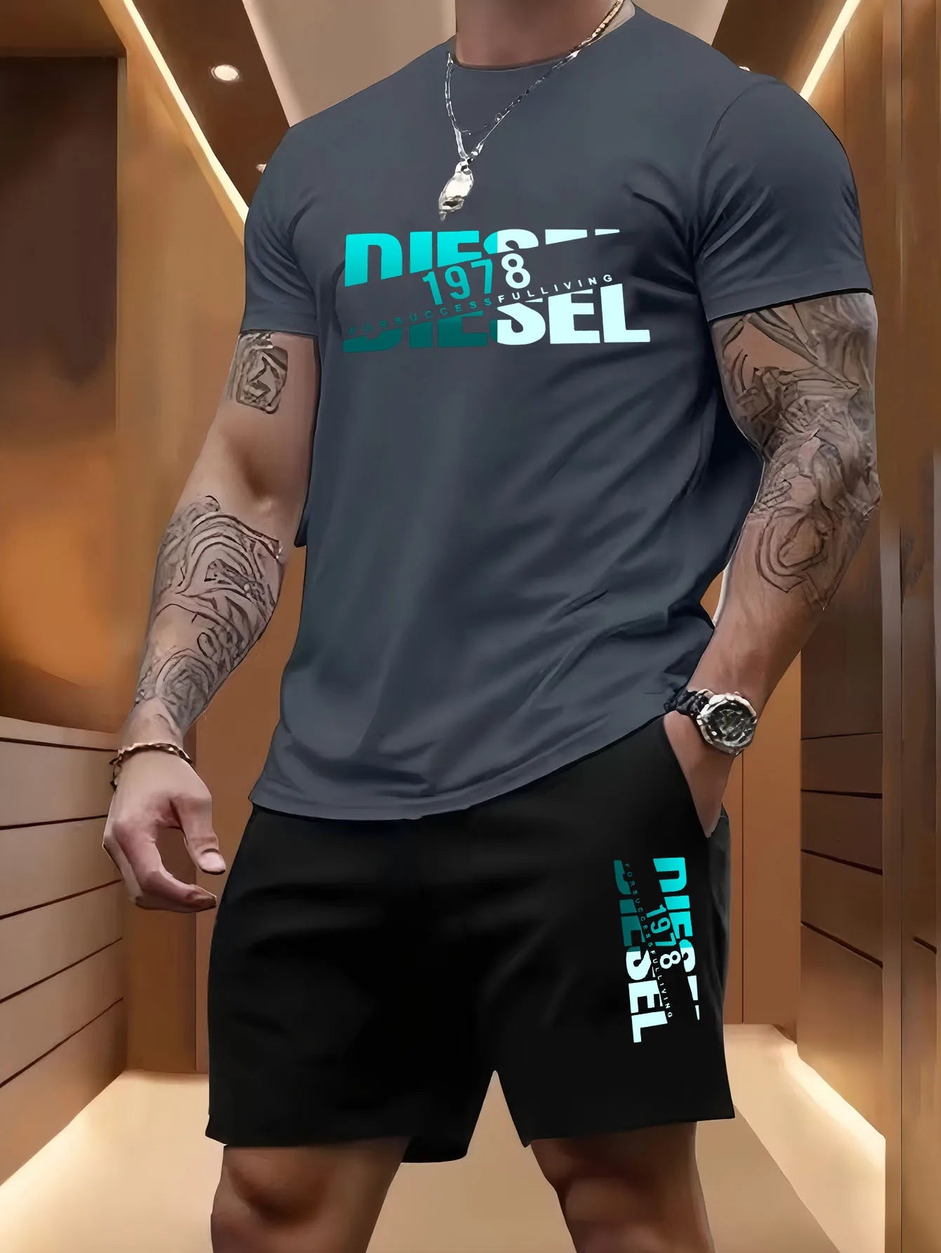 Summer men's casual two-piece set round-neck short-sleeved T-shirt and sports shorts for outdoor activities