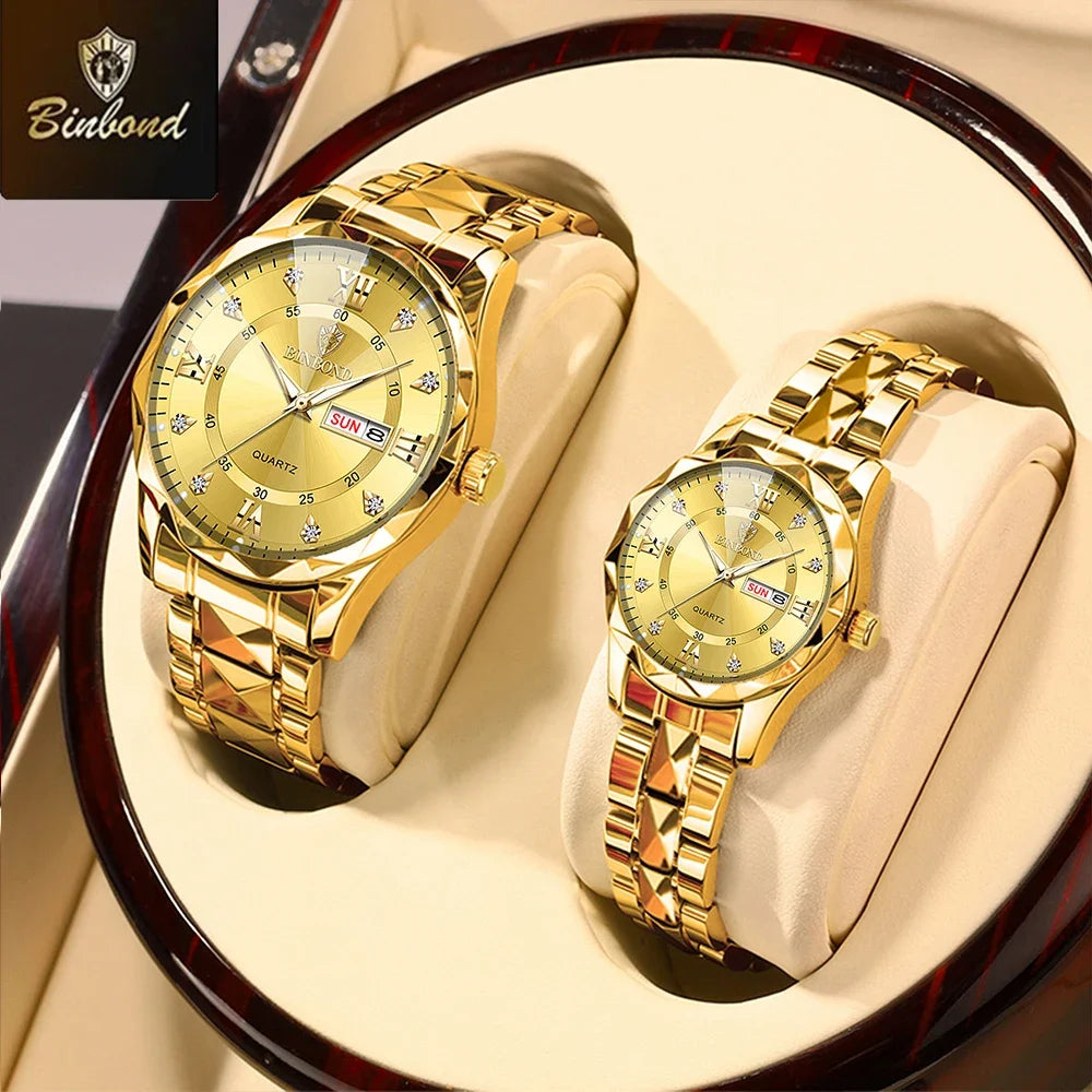 BINBOND 2pcs/Set Couple Watches Fashion Diamond Valentine Day Gift Stainless Steel Watch Men Women 30M Waterproof Quartz Watch