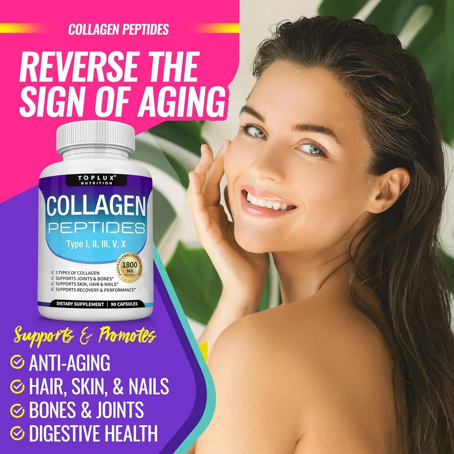 Multi Collagen Peptides Capsules 1800mg - Hydrolyzed Protein Collagen Complex Pills Promotes Skin & Hair , Joint for Men Women