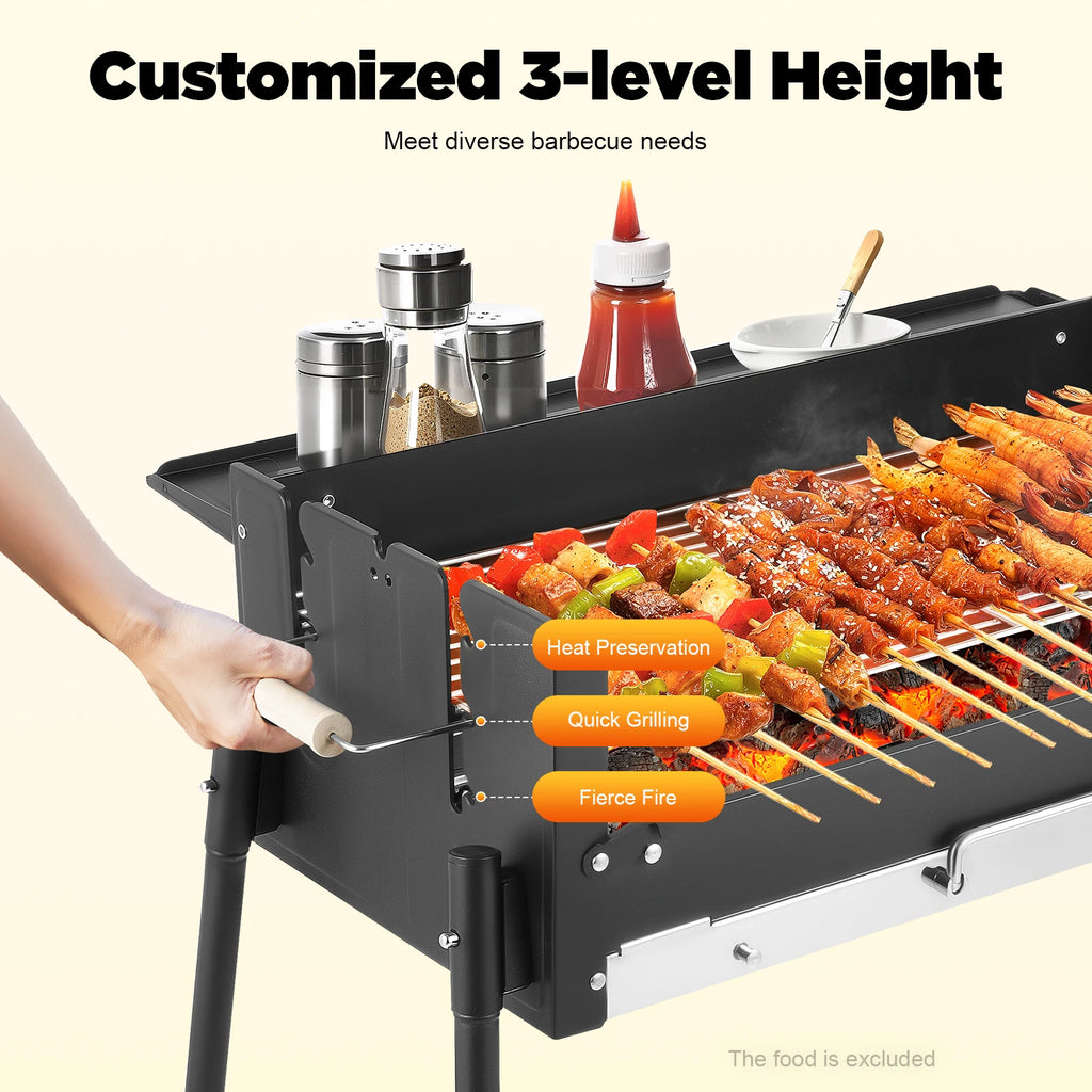 Folding Charcoal BBQ Grill – 3-Level Adjustable Height, 201 Stainless Steel, Portable Outdoor Camping for 3-8 People – Black