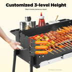 Folding Charcoal BBQ Grill – 3-Level Adjustable Height, 201 Stainless Steel, Portable Outdoor Camping for 3-8 People – Black