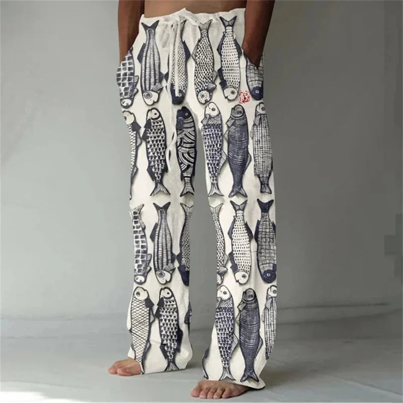 Loose And Casual men's New Bamboo Leaf 3D Printed sweatpants, Versatile And Fashionable Pocket Drawstring Sports Pants