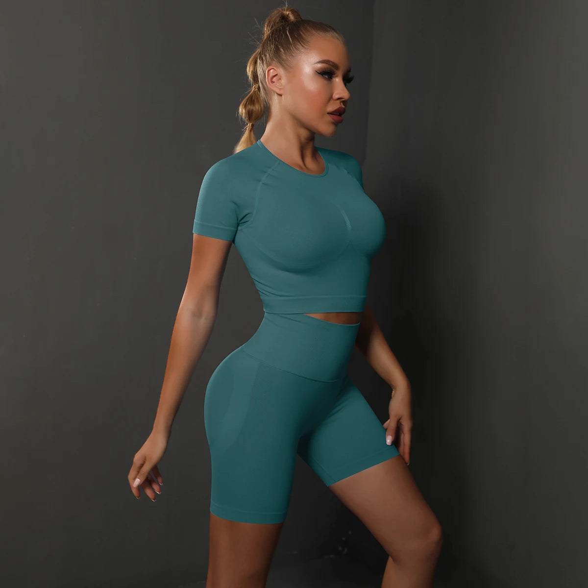 Summer Women Seamless Yoga Set Fitness Sportswear Workout Tracksuit Short Sleeve Crop Top High Waist Shorts Set Gym Clothing