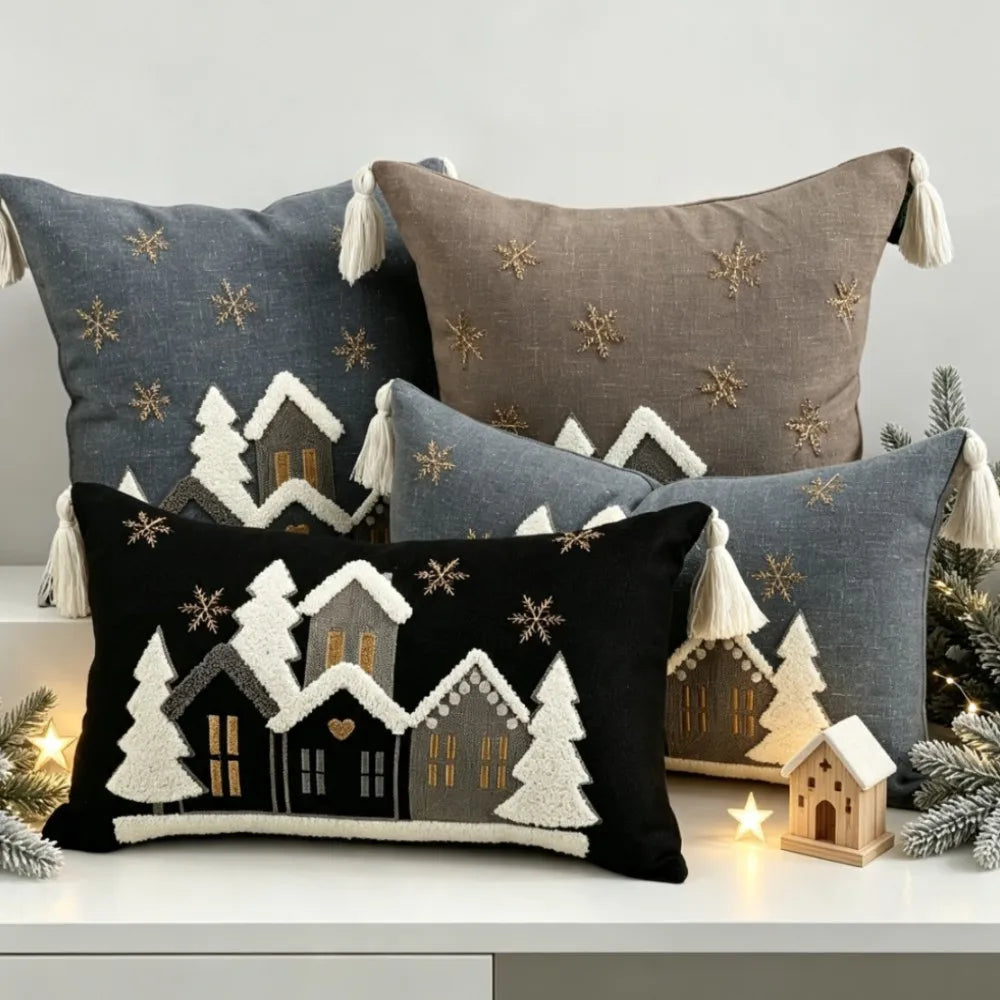 Christmas Cartoon House Embroidered Throw Pillowcase Universal Multi-Size Cushion Cover 30x50cm 45x45cm for Multi-Room Decor