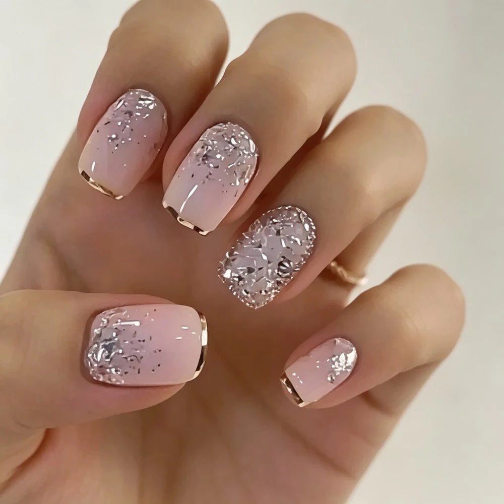 Medium Square Fake Nails for Women Girls White Pink Nail Tips with Golden Silver Sparkling Glitters Frame Design Press On Nail