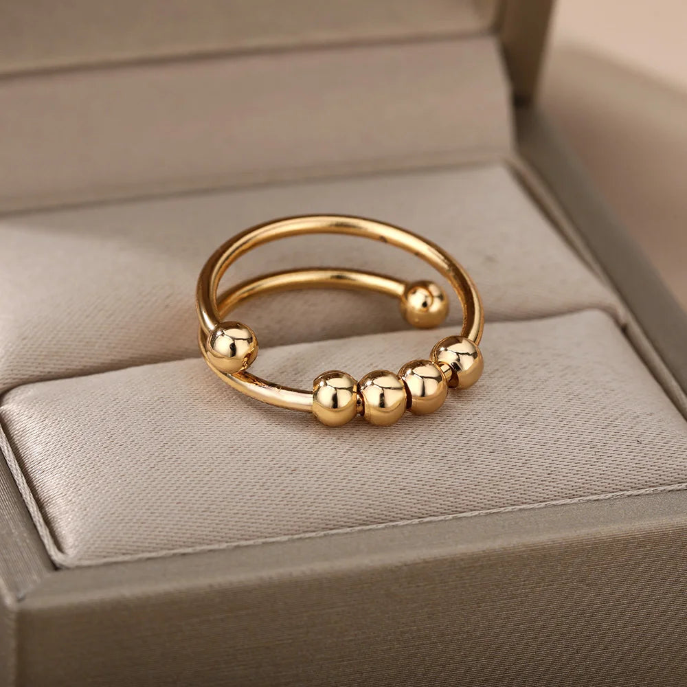 Anxiety Beads Rings for Women Gold Color Stainless Steel Open Spinner Adjustable Finger Ring Rotating Freely Anti Stress Jewelry