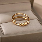 Anxiety Beads Rings for Women Gold Color Stainless Steel Open Spinner Adjustable Finger Ring Rotating Freely Anti Stress Jewelry