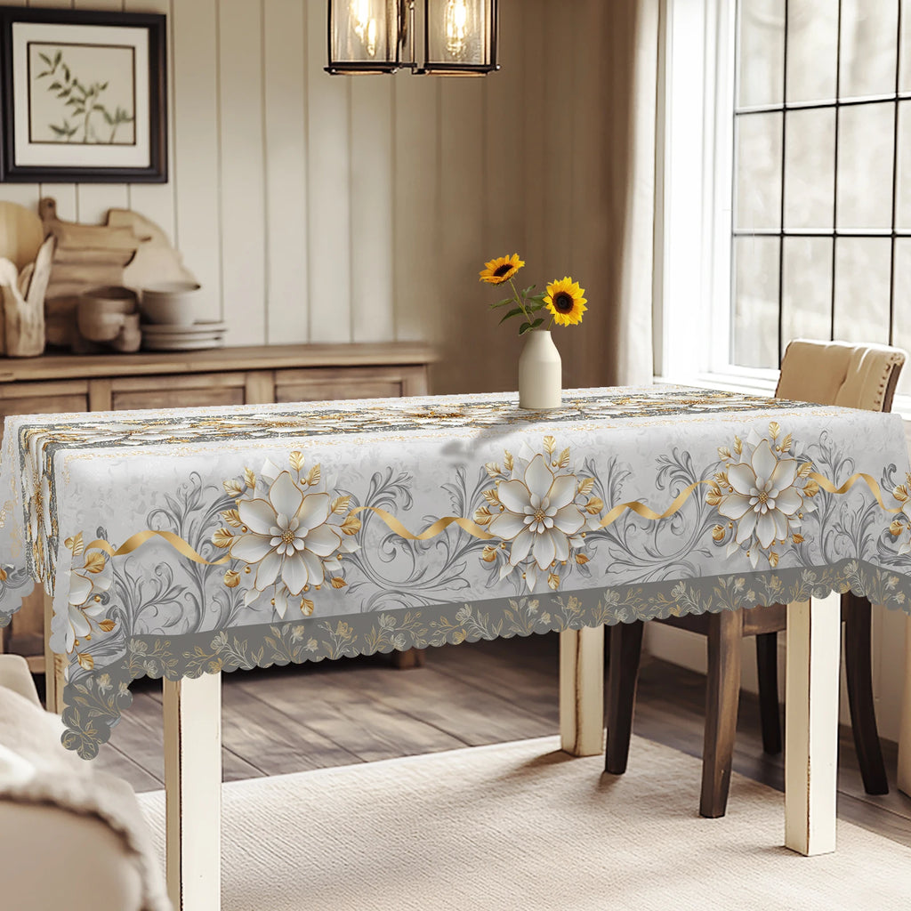 Elegant Floral-Themed Printed Tablecloth, High-Quality White and Gold Pattern, Embossed Edges, Durable, Waterproof, Oil-Proof, Stain-Resistant, Wrinkle-Resistant, Non-Fading, Machine Washable, Reusable, Perfect Gift for Famil