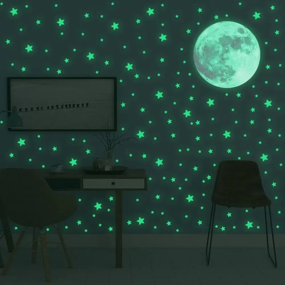Self-adhesive Full Luna  Luminous Decals Kids Bedroom DIY 3D Glow In Dark Moon Stars Wall Stickers