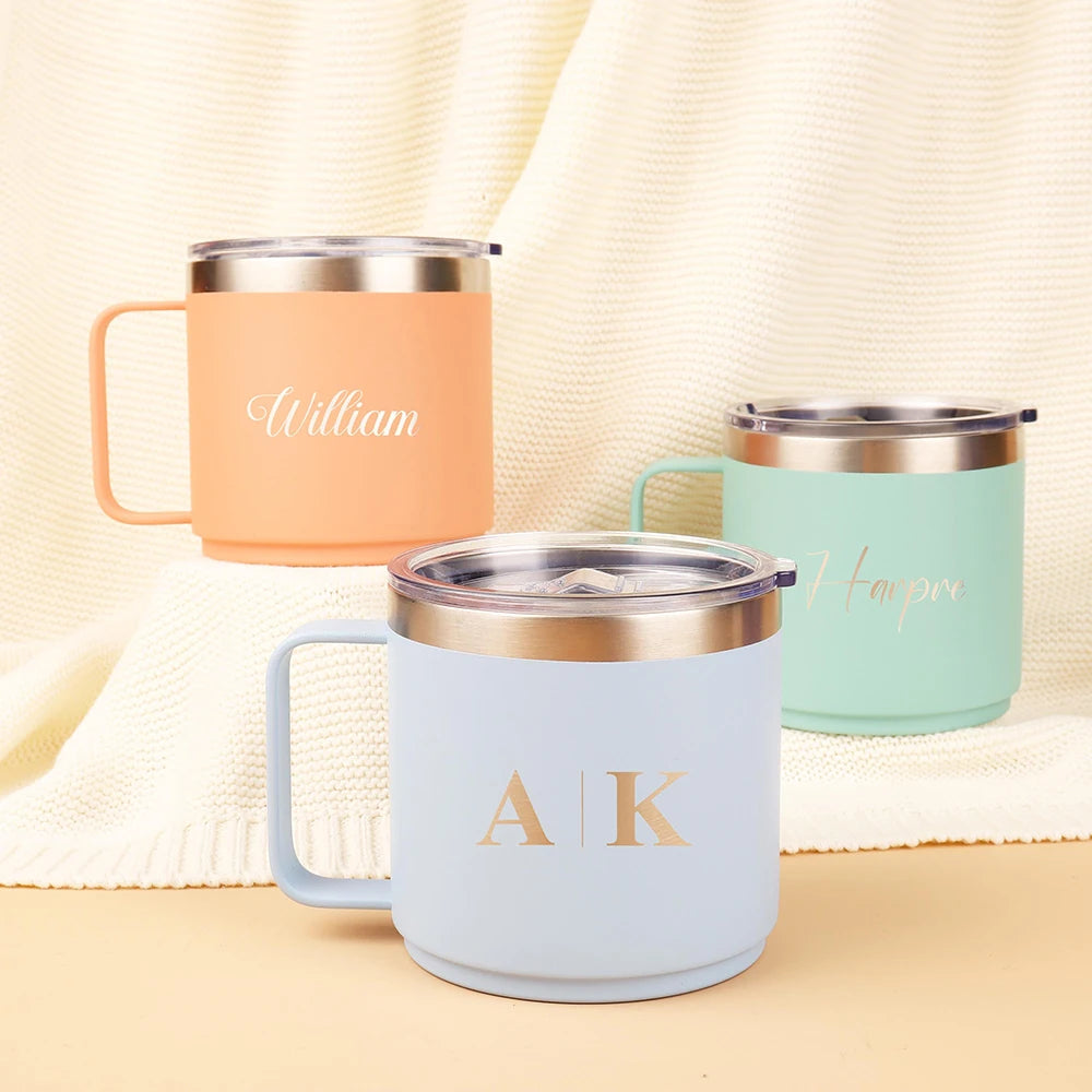 Custom 12oz Coffee Mug With Handle Tumbler Stainless Steel Vacuum Insulated Thermal Beer Cup Travel Thermos with Leakproof Lid