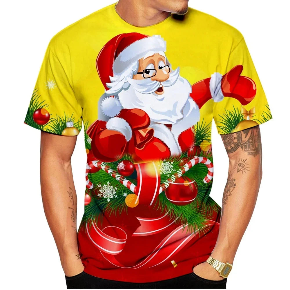 2026 Fashion Men's Merry Christmas T-Shirt Blue Xmas Tree Snowflake Graphic Crew Neck Short Sleeve Holiday Party Casual Tee Tops