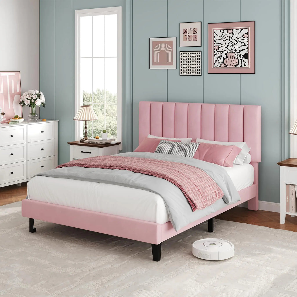 Twin Full Queen Upholstered Platform Bed Frame, Adjustable Tufted Headboard, Wood Slats, 1000lbs Support, No Box Spring Needed