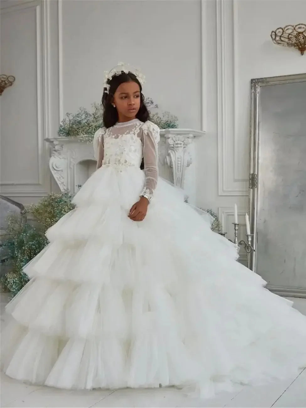 Customized White Flower Girl Dresses Tulle Tiered Flory with Tailing Long Sleeve for Wedding Birthday Party First Communion Gown