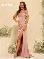 Findthat Off Shoulder Spaghetti Straps Satin Bridesmaid Dresses Elegant Zipper Back Evening Gown Wedding Guests Dress Customized