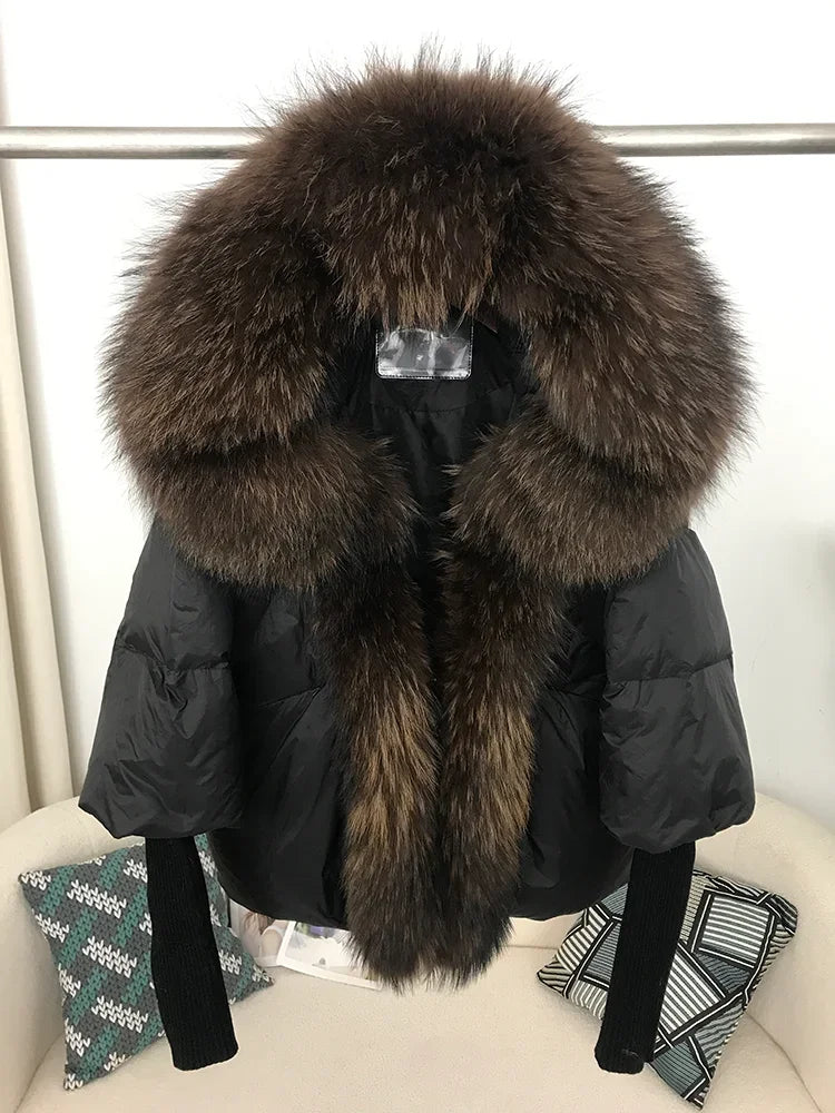 2024 Winter Puffer Jacket Women Real Fox Fur Collar Hooded Natural Thick Warm Loose Oversize Duck Down Coat Streetwear Outerwear