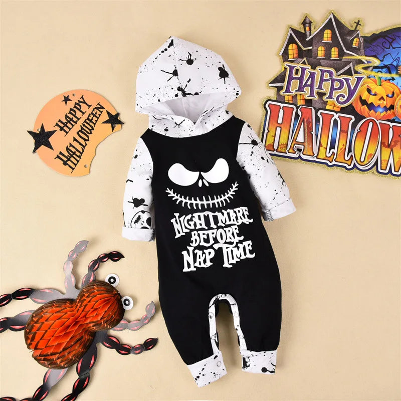 Newborn Infant Baby Girl Boy Clothes  Halloween Baby Romper Long-Sleeve Hoodies Cotton Nightmare Print Jumpsuit 0-18Months