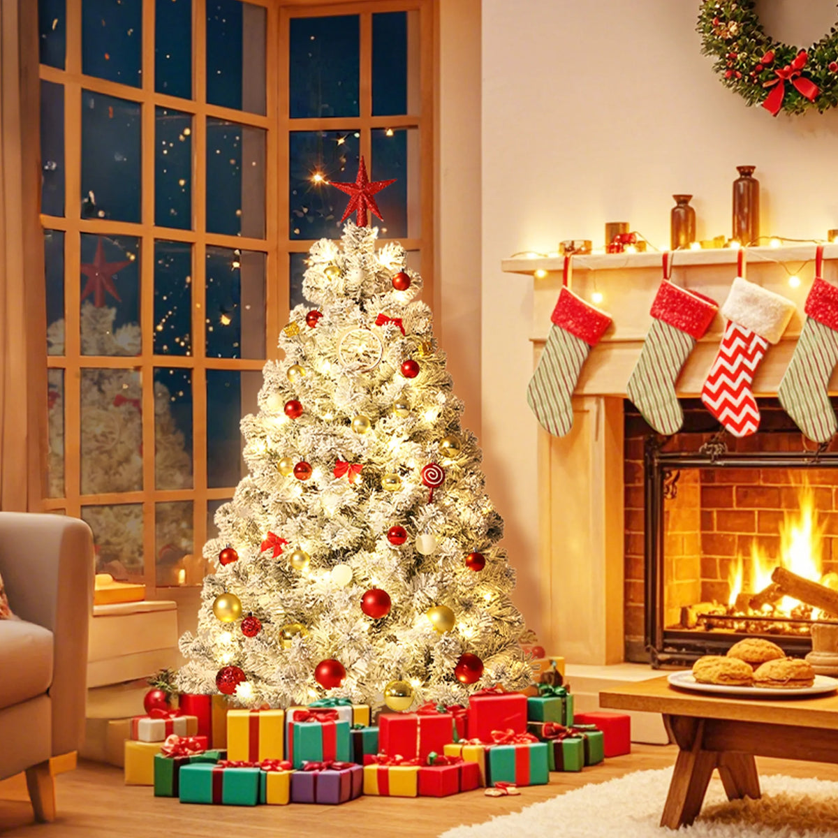 Prelit Artificial Christmas Tree with Dual Color LED Lights, Collapsible Metal Stand, Easy to Assemble, Easy to Assemble, for Indoor Winter Holiday Decoration