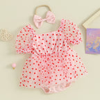 Pudcoco Newborn Infant Baby Girl Outfit, Short Sleeve Heart Print A-line Romper Dress with Bowknot Headband Clothes 0-18M