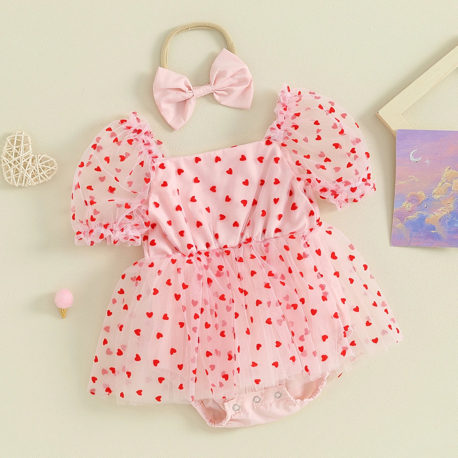 Pudcoco Newborn Infant Baby Girl Outfit, Short Sleeve Heart Print A-line Romper Dress with Bowknot Headband Clothes 0-18M