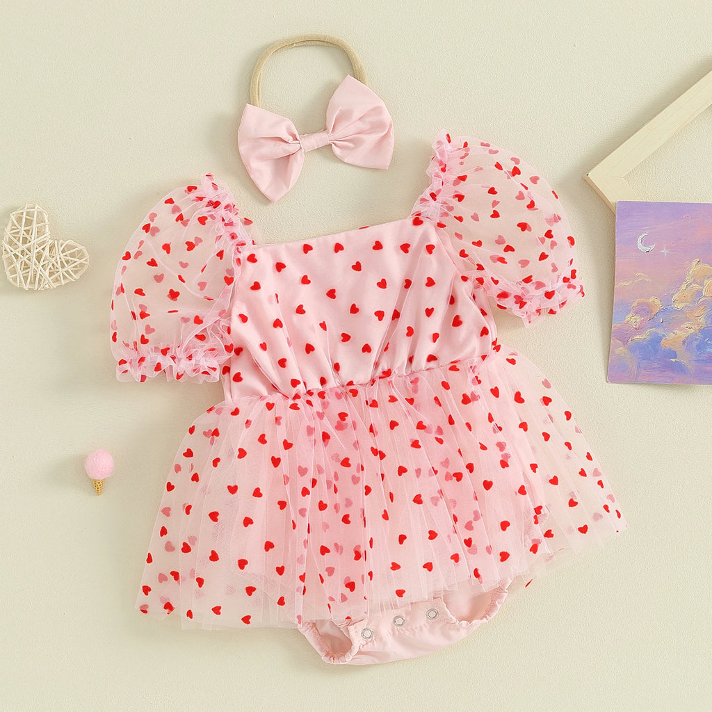 Pudcoco Newborn Infant Baby Girl Outfit, Short Sleeve Heart Print A-line Romper Dress with Bowknot Headband Clothes 0-18M
