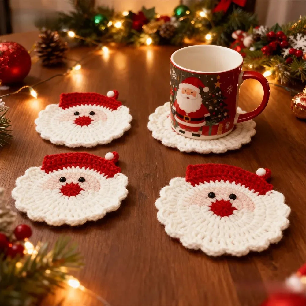 Christmas Santa Coasters Handmade Crochet Mug Mats Set Holiday Table Decoration Gift for Her Christmas Decorations for Home