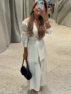 Women Elegant Solid Lace-up Blazer Set Lady Chic V-neck Full Sleeve Loose Coat Wide-leg Pants Suit 2026 Casual Commute Outfit