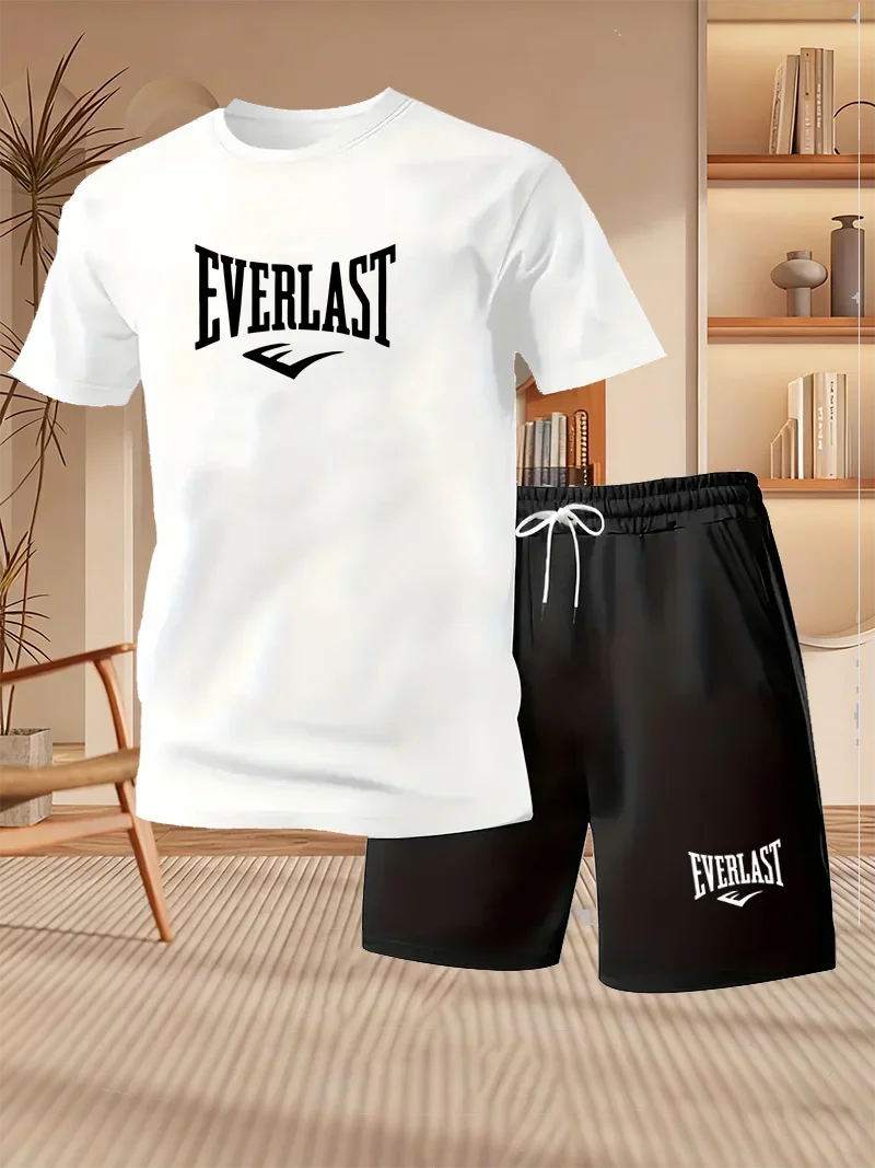 Men's Summer Running Breathable Sportswear, Short Sleeved T-shirt+printed Shorts Two-piece Set, Casual/fitness/home 2-piece Set