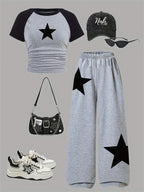 Girls' Clothing, 2-Piece Girls' Set, Five-Pointed Star Pattern, Gray Wide-Leg Sweatpants, Suitable for Spring, Autumn, and Summer, Loose Two-Piece Outfit for Going Out, Versatile for Home and Casual Wear