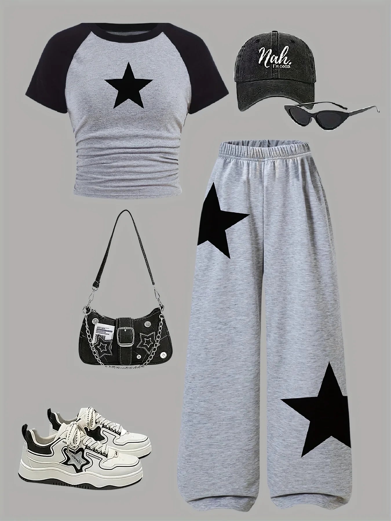 Girls' Clothing, 2-Piece Girls' Set, Five-Pointed Star Pattern, Gray Wide-Leg Sweatpants, Suitable for Spring, Autumn, and Summer, Loose Two-Piece Outfit for Going Out, Versatile for Home and Casual Wear