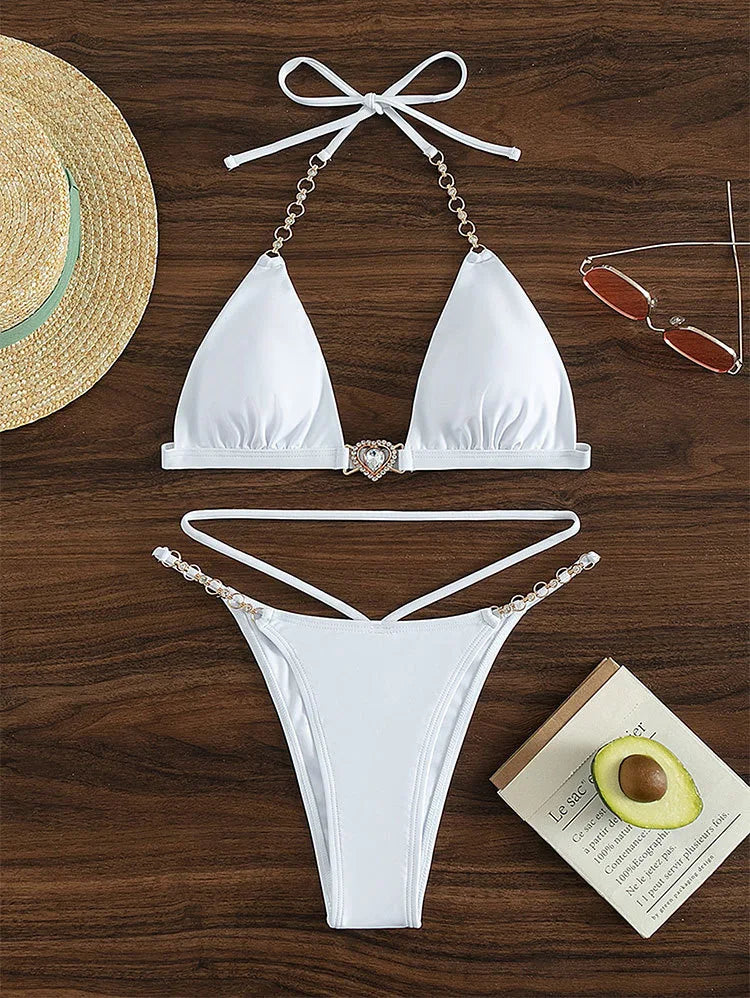 New Women's Deep V Neck Bikini Set Elegant Push Up Backless Swimsuit with Chain Straps Sexy Cute Style Summer Beachwear