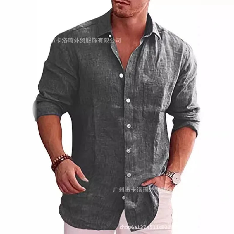 Men's Loose Solid Color Shirt Linen Lapel Long Sleeve Casual