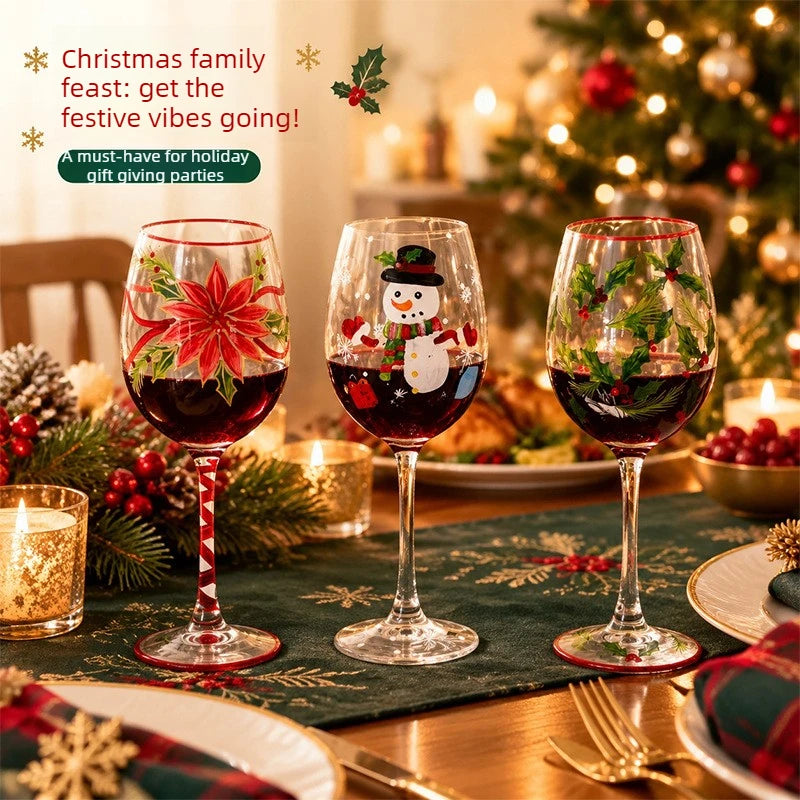 1PC Christmas Hand Painted Wine Glass Creative Snowman Poinsettia Goblet Household Glass Red Wine Cup Festive Decorations