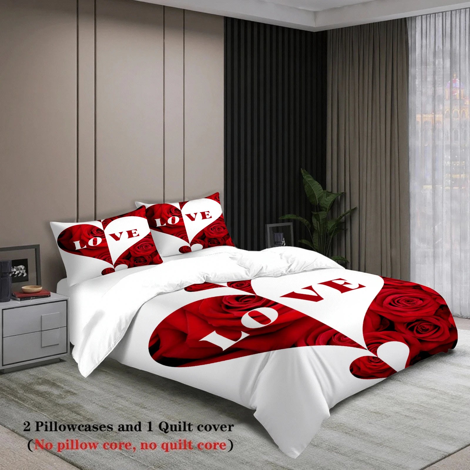 Love Rose Heart Bedding Set Red Romantic Duvet Cover Set With Pillowcases For Couples Wedding Bedroom Twin DoubleQueen King Size