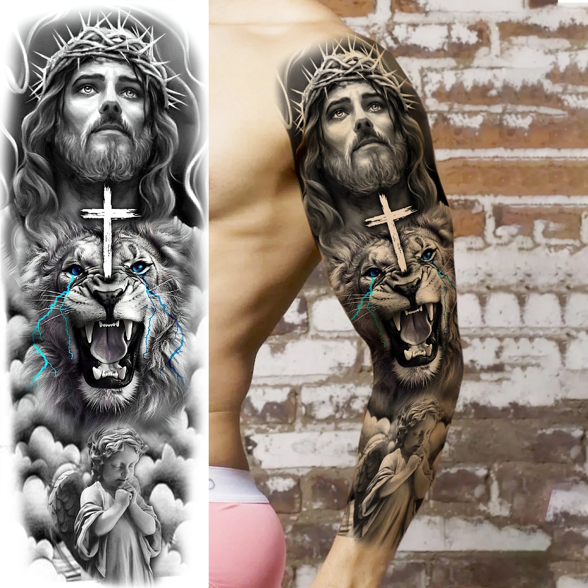 1 Sheet Full Arm Leg Robber Joker Gangster Temporary Tattoos Long Large Bad Guy Nun Fake Tattoo Sleeve Waterproof  Tatoo Sticker