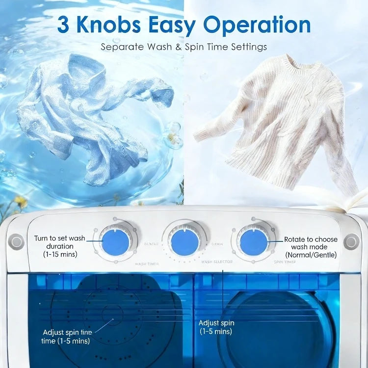 Portable Twin Tub Washing Machine Combo with Spin Dryer 16lbs Compact Laundry Washer for Apartment Dorm RV Camping