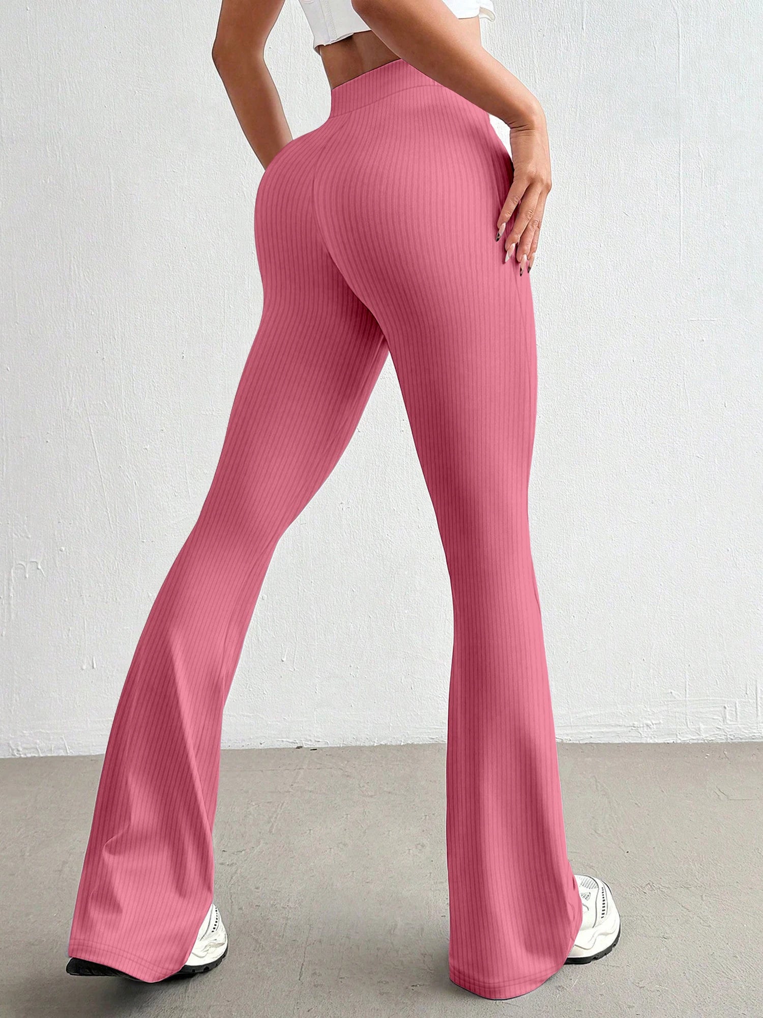 High-Waisted Ribbed Flared Pants Same Style as European and American Fashion Bloggers Elastic Slim-Fit Leg-Lengthening Casual