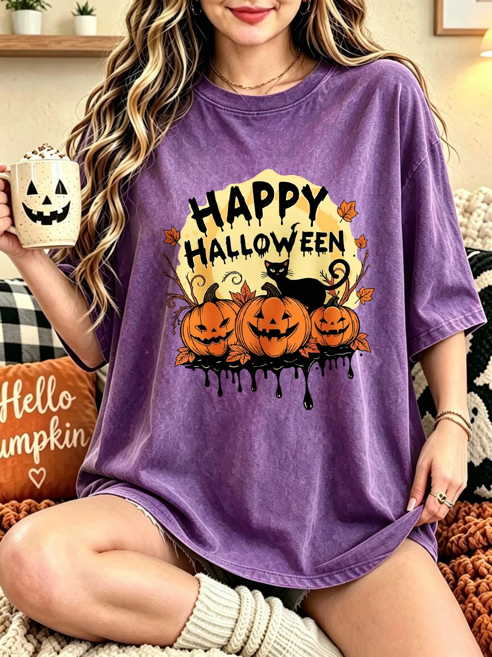 Happy Halloween Pumpkins Printed Washed T-Shirts Womens Cotton Short Sleeve Tops Casual O-Neck Oversized T Shirt Summer Clothes