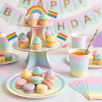 Pastel Rainbow Party Supplies Disposable Tableware Set Starry Gradient Paper Plates Cups Napkins for Kids Birthday Baby Shower