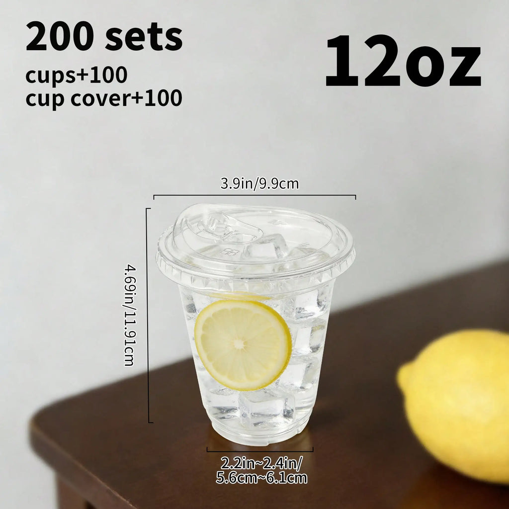 200Sets  (100 Cups+100 Lids)Of 12-Ounce/16-Ounce/20-Ounce/24-OunceTransparentPlasticCups,WithNon-SuctionDrinkingLids, DurableAndLeak-Proof, Suitable For Iced Coffee, Smoothies, Milkshakes. Ideal For Easter, Weddings, Outdoor