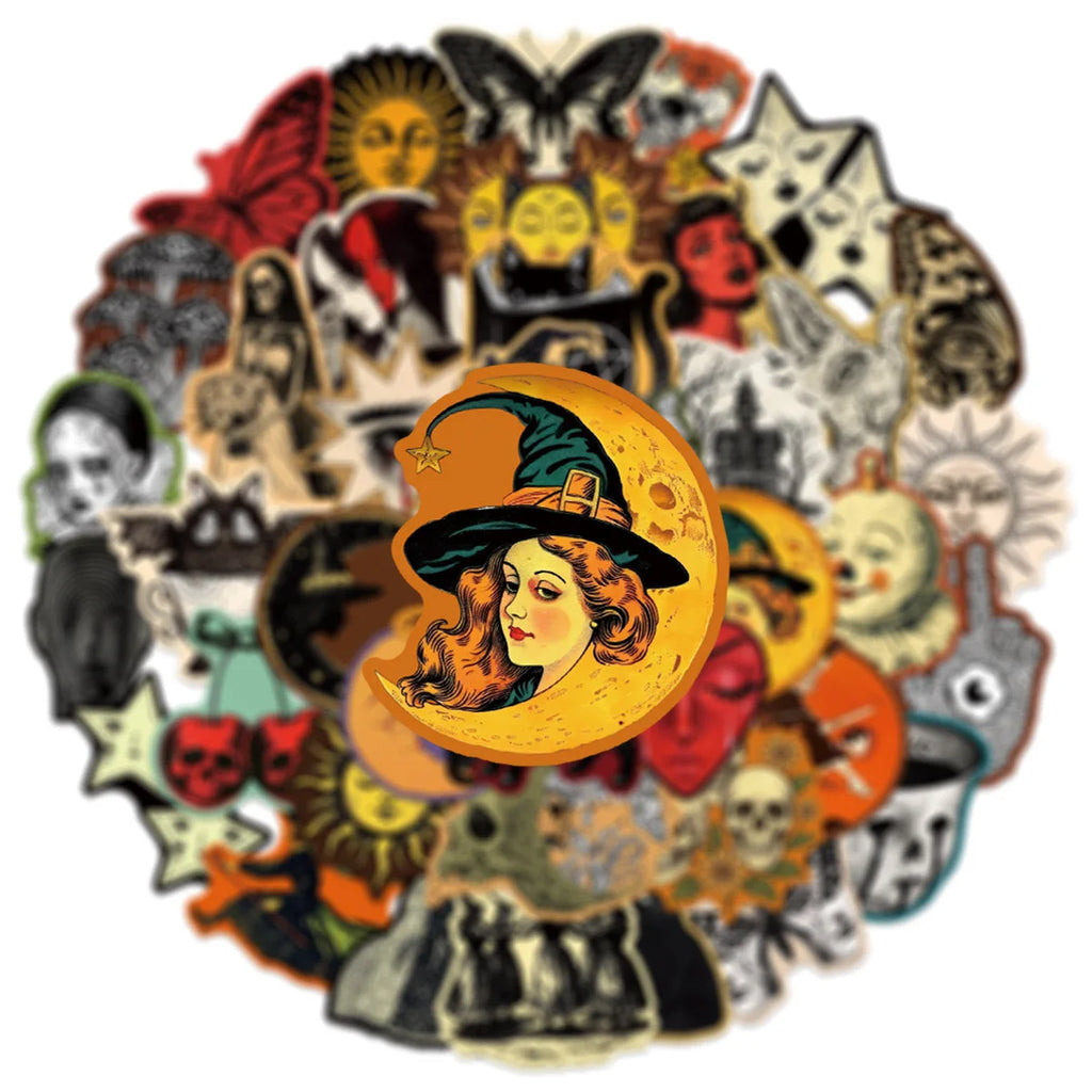 50PCS Retro Gothic Stickers Witch Moon Spooky DIY Aesthetic Stickers Phone Case Handmade Scrapbook Aesthetic Stickers