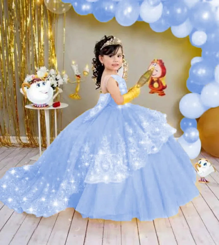Gold Girls Princess Dress 2024 Tulle Tiered Flower Girl Dress Toddlers Beaded Lace Pageant Dress Customized Birthday Party Gowns
