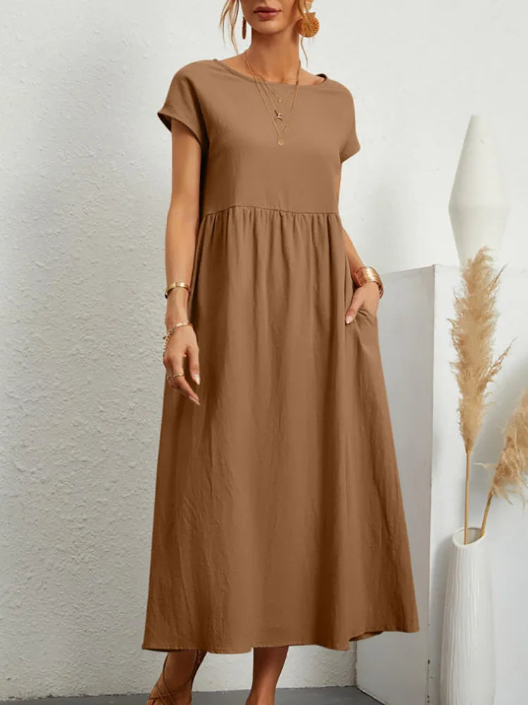 Dresses for Women  Cotton Linen Midi Casual  Short Sleeve Loose A-Line Sundress with Pockets  Solid Color Oversized Long Dress