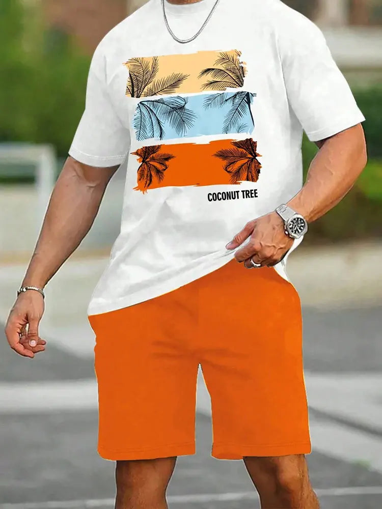 Summer men's two-piece set Hawaii fashion casual men's T-shirt outdoor beach men's shorts palm tree print O-neck short sleeved l