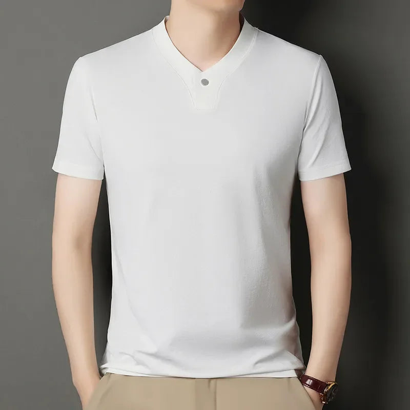 2026 Korean Style Men's Casual and Fashionable One Button V-neck Solid Color Short Sleeved T-shirt Summer Versatile Top