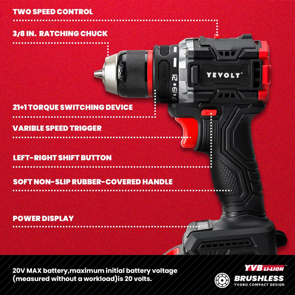 YEVOLT Electric Drill 20V Brushless Li-ion Compact Cordless 21+1 Driver Handheld Screwdriver Power Tools YVGBD20DU2 Series