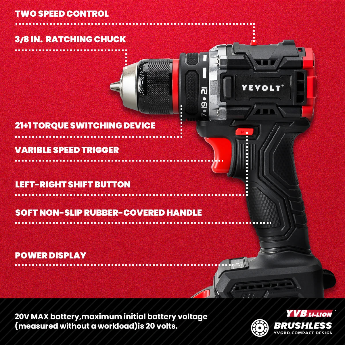 YEVOLT Electric Drill 20V Brushless Li-ion Compact Cordless 21+1 Driver Handheld Screwdriver Power Tools YVGBD20DU2 Series