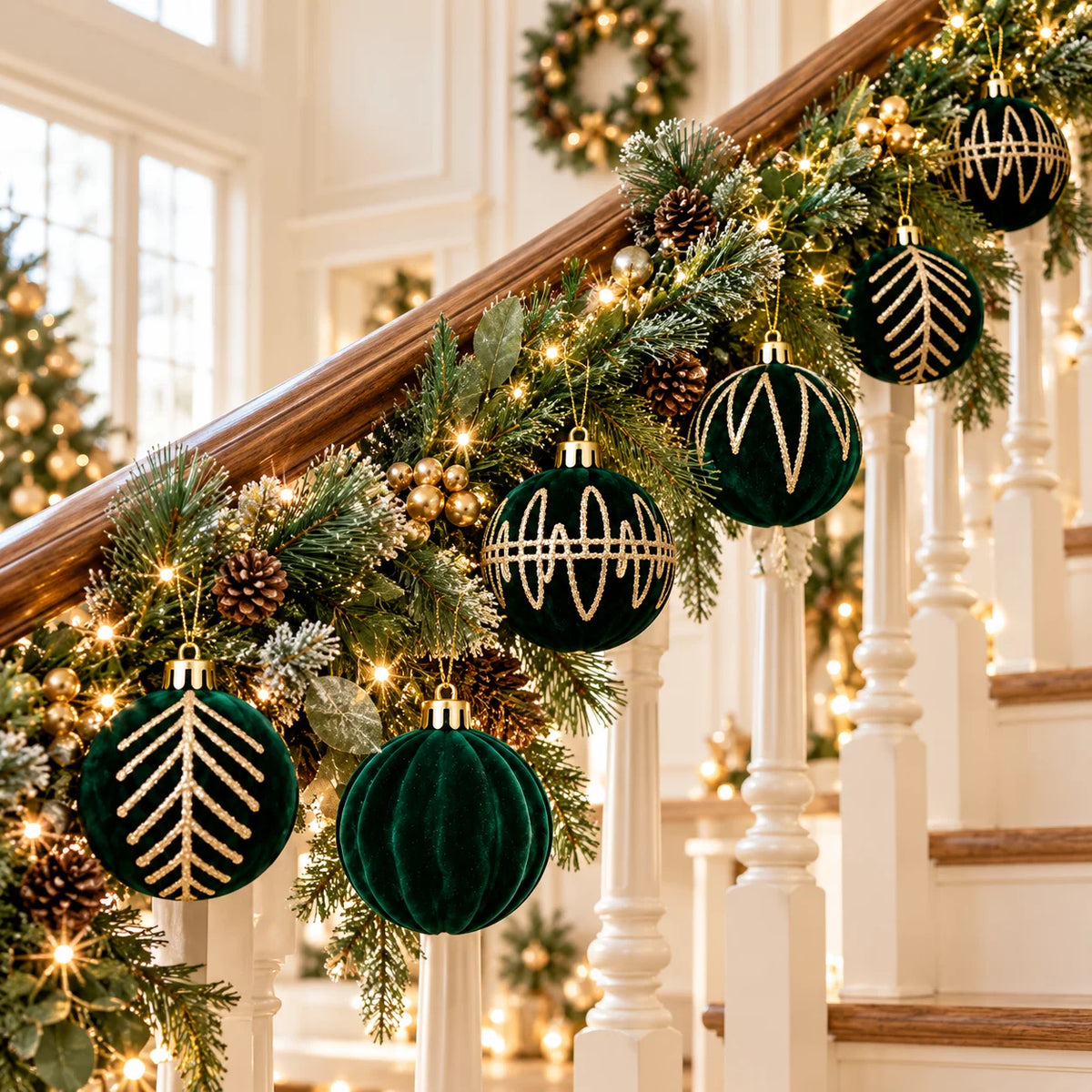 12 Pcs 6cm Emerald Velvet 4 Styles Gold Glitter Christmas Balls Shatterproof Xmas Tree Ornaments for Holiday Party Home Decor