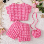 Cute and Stylish 3-Piece Set for Girls Sweetheart Bubble Sleeve Top with Shorts and Bag Summer Days Casual Children Sets